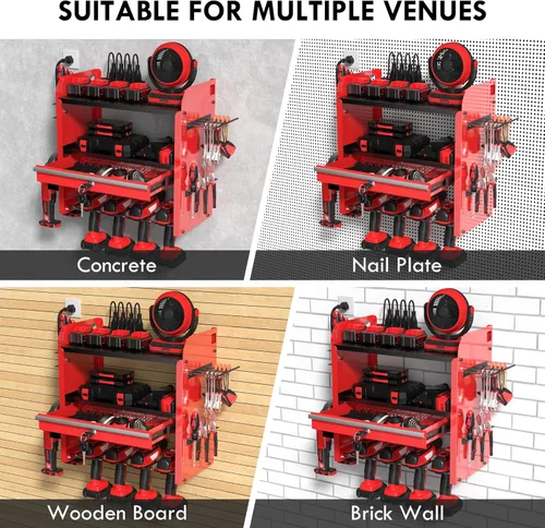 Miniatura 6 de KSVO Organizador de herramientas eléctricas para montaje en pared con estante de taladro y cajones de bloqueo, estante de herramientas de metal Rojo