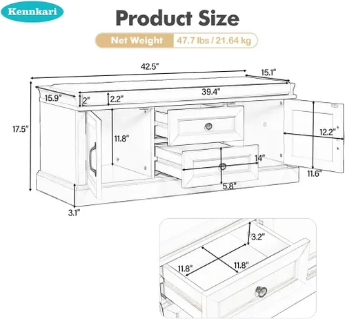Miniatura 2 de Banco de almacenamiento con cajones y 2 armarios, banco de zapatos con cojín extraíble para entrada, pasillo, vestíbulo, sala de estar, dormitorio