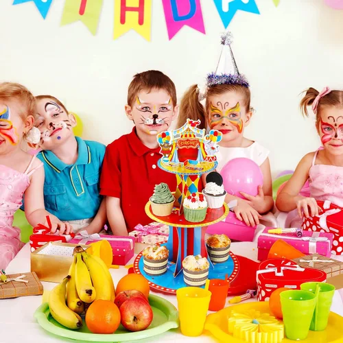 Miniatura 6 de Zopeal Soporte de 3 niveles para cupcakes con temática de circo para decoraciones de fiesta de cumpleaños, carnaval, mesa de postre, soporte