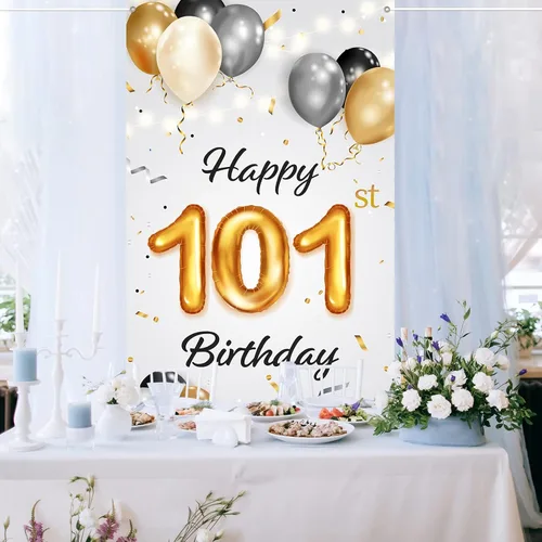 Miniatura 6 de Cartel de feliz cumpleaños número 101 – Cubierta de puerta de fiesta de cumpleaños número 101 para mujeres y hombres – Saludos a 101 años