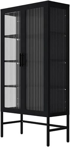 GIA Home Furniture Series - Armario de almacenamiento de doble puerta de vidrio con estantes y pies ajustables, aparador de acero laminado en frío