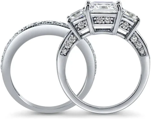 Miniatura 4 de BERRICLE Juego de anillos de compromiso de boda de plata de ley de 3 piedras con circonita cúbica de corte princesa para mujer, chapado en rodio
