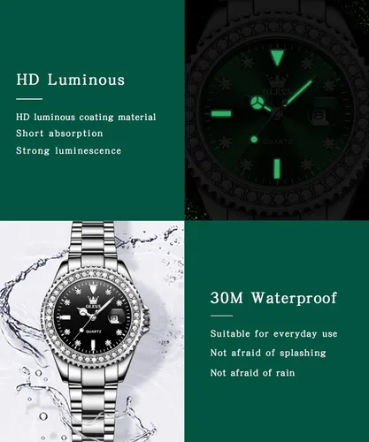 Miniatura 6 de OLEVS Reloj de pulsera para mujer, elegante, con diamantes, analógico, de cuarzo, de dos tonos, de acero inoxidable, impermeable, luminoso, regalo