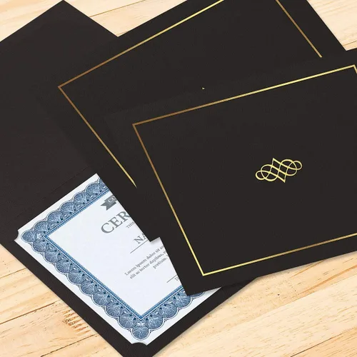 Miniatura 6 de Carpetas ornamentadas de color negro y dorado, paquete de 25, cubierta de lino de 80 libras, plegadas, esquinas troqueladas, para oficina, premios