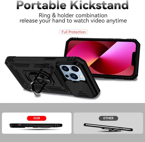 Miniatura 6 de Funda para iPhone 13 Pro, con cubierta para lente de cámara, protector de pantalla HD, [grado militar] anillo de montaje en coche con soporte Negro