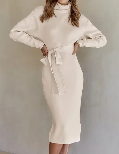 Miniatura 15 de ZESICA - Vestido por debajo de la rodilla de suéter, de cuello alto, para mujer, de manga larga, de punto acanalado, con abertura y cinturón