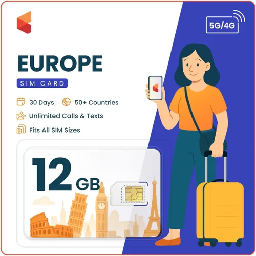 SimCorner Tarjeta SIM de viaje para Europa y Reino Unido | Datos de Internet | Llamadas ilimitadas y SMS (datos de Internet de 12 GB)