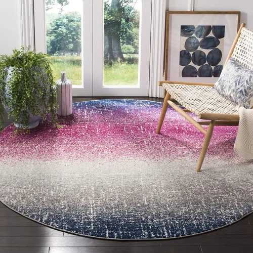 SAFAVIEH Madison Collection - Alfombra redonda de 6 pies 7 pulgadas, color fucsia y azul marino, diseño de rayas bohemio, no desprende pelusa y de