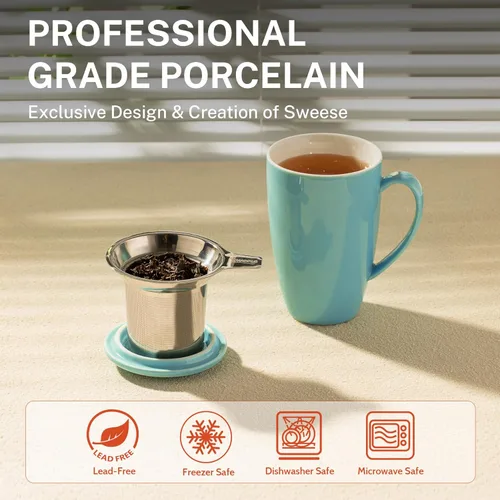 Miniatura 3 de Sweese Taza de té de porcelana de 15 onzas con infusor y tapa, apta para microondas, mango ergonómico, esmalte sin plomo, para té de hojas sueltas