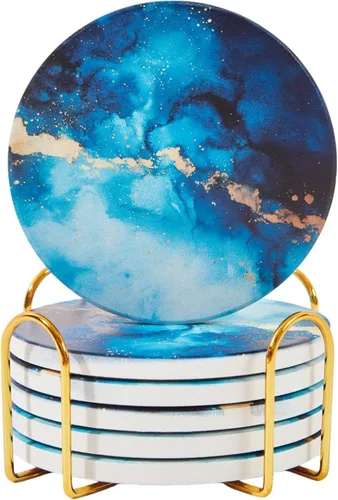 Miniatura 24 de Juego de 6 posavasos absorbentes de cerámica con soporte, posavasos de mármol para mesa de café, posavasos absorbentes de agua (porcelana)