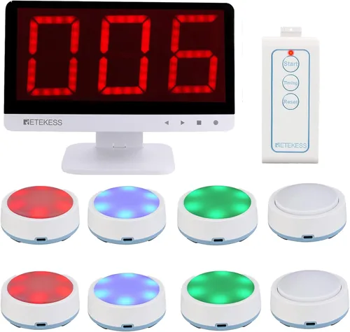 Retekess Zumbadores TM101 para juegos de trivia, zumbadores de peligro con luz, añade hasta 32 botones, 262 pies, zumbadores de programas de juegos