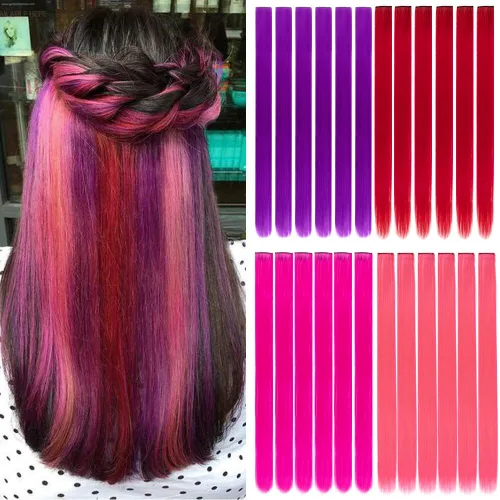 Miniatura 22 de 20 extensiones de cabello con clip de colores para niñas, extensiones de cabello arcoíris multicolor de 20 pulgadas, reflejos instantáneos, piezas