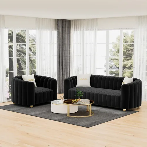 Miniatura 16 de Sofá de terciopelo negro de 83 pulgadas, sofá moderno de mediados de siglo para 3 personas Chesterfield copetudo de terciopelo con 2 almohadas