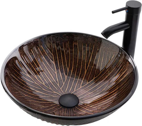 Miniatura 14 de Lavabo de Recipiente 16.5" Lavabos de Baño Vidrio Templado Verde Lavabo de Arte Cuenco Redondo con Combo de Grifo Verde, Lavabo de Encimera