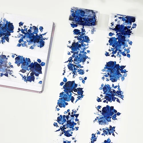 Miniatura 2 de WT Cinta ancha de PET azul cobalto, rollo individual, diseños originales, decoraciones florales, adhesivo transparente claro, diario basura