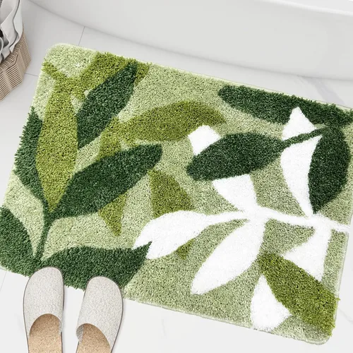 Miniatura 10 de Tapete verde para baño, de microfibra, absorbente, con diseño de hojas con reverso antideslizante para uso bajo techo en la puerta de entrada