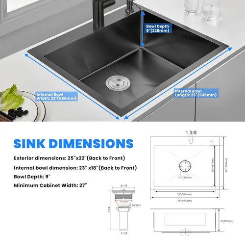 Miniatura 7 de POPFLY Fregadero de Cocina, 15×17 Pulgadas Empotrable Negro Pequeño Fregaderos de Cocina, Calibre 18 Acero Inoxidable Bar Prep RV Tazón Único