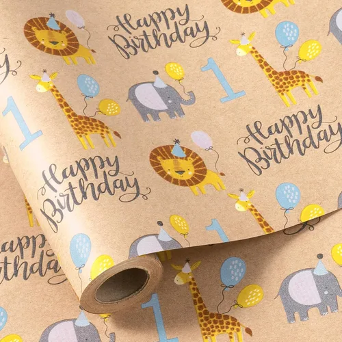 Miniatura 12 de RUSPEPA - Rollo de papel para envolver regalos con diseño de animales del bosque, mini rollo, papel kraft con texto "Oh Baby" para baby shower