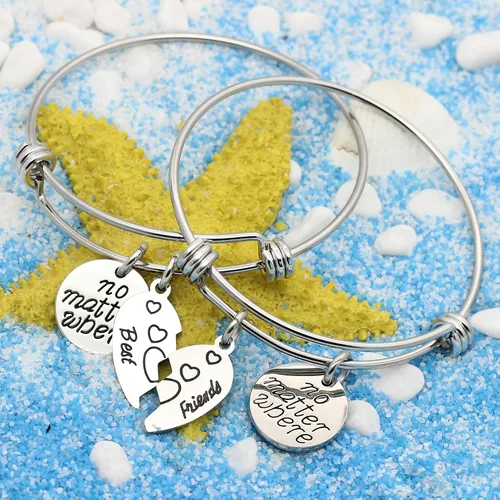 Miniatura 4 de lauhonmin Juego de 2 pulseras dobles de corazón roto con brújula con brújula BBF Best Friends No Matter Where