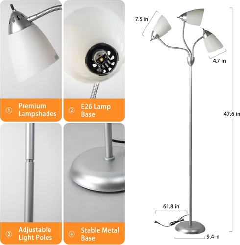 Miniatura 4 de Lámpara de pie moderna DLLT para habitación: lámparas de pie de cuello de ganso flexibles de 3 luces en plata para sala de estar, dormitorio