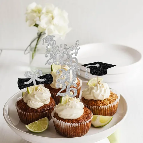 Miniatura 4 de Paquete de 24 adornos para cupcakes de clase 2025 con purpurina 2025 para diploma de graduación 2025 para cupcakes temáticos de graduación 2025