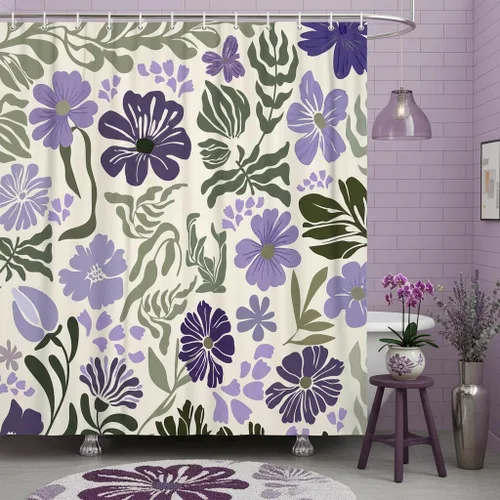 Cortina de ducha botánica floral bohemia, bonita cortina de baño abstracta de mediados de siglo, flores modernas de mediados de siglo, primavera y