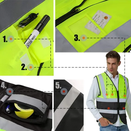 Miniatura 4 de Chaleco de seguridad de alta visibilidad con tiras reflectantes, personaliza tu logotipo Hi Vis, chaleco de trabajo al aire libre con 5 bolsillos