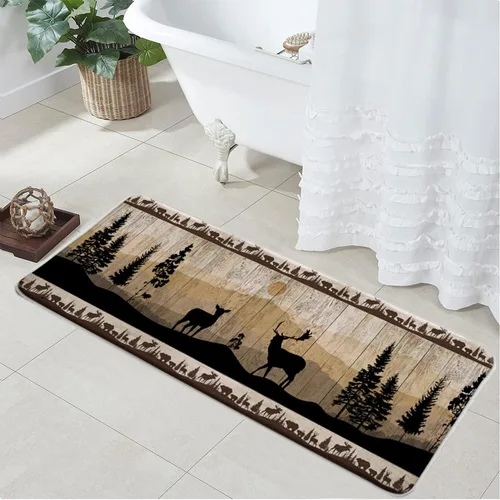 Miniatura 11 de Misty Forest Deer 2 piezas tablero de madera animales salvajes alce rústico naturaleza niebla caza cabaña árbol selva alfombra de baño en forma de U