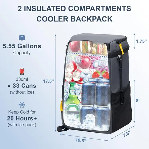 Miniatura 2 de SPARTER - Mochila enfriadora aislada a prueba de fugas para 33/49 latas, bolsa térmica con 2 compartimentos aislados, mochila de playa, viaje
