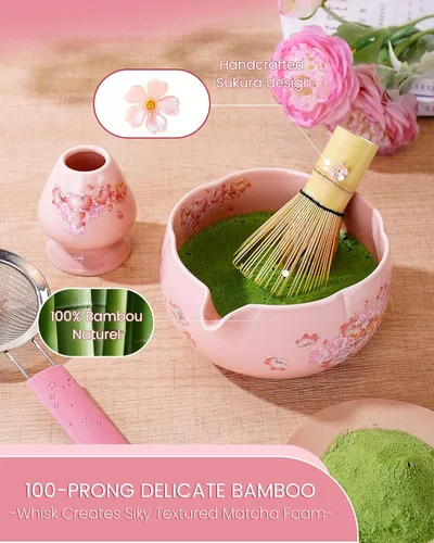 Miniatura 3 de Juego de batidor de matcha, juego de 6 piezas de matcha que incluye un tazón grande de matcha, batidor de bambú y cuchara con bonito encanto