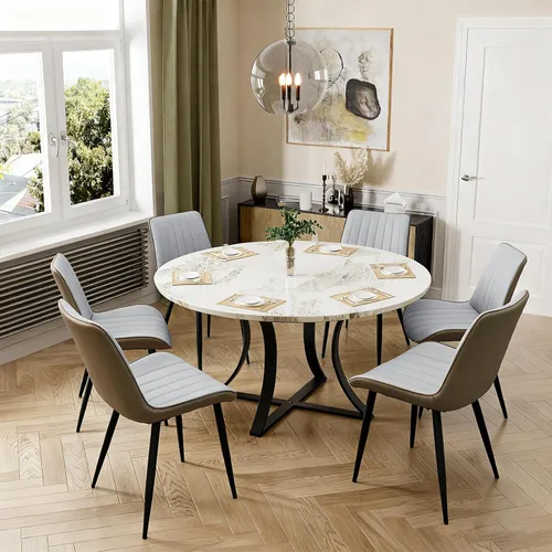 Miniatura 7 de Juego de 4 sillas de comedor tapizadas de piel sintética, modernas sillas de cocina y comedor con cómodos cojines y patas de metal negro, diseño