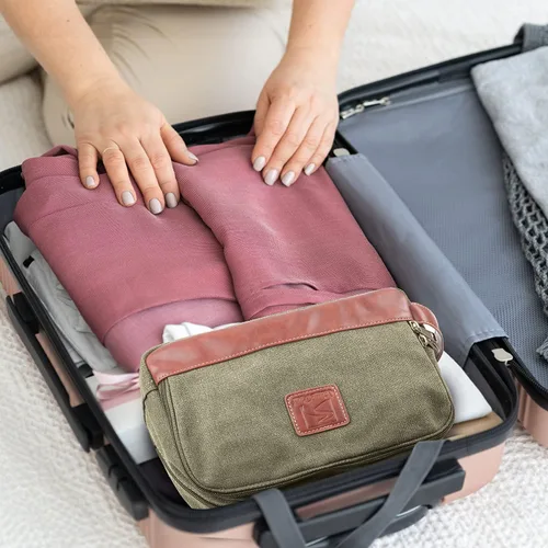 Miniatura 6 de Neceser de viaje para hombres y mujeres, organizador de artículos de tocador de lona resistente al agua, de cuero vegano, kit de Dopp colgante