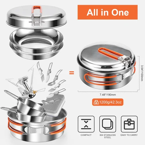 Miniatura 4 de Odoland 10pcs Stainless Steel Camping Cookware Camping Pot and Pan Set with Portable Camping Stove Camping Mess Kit with Plates Bowls Forks Knives