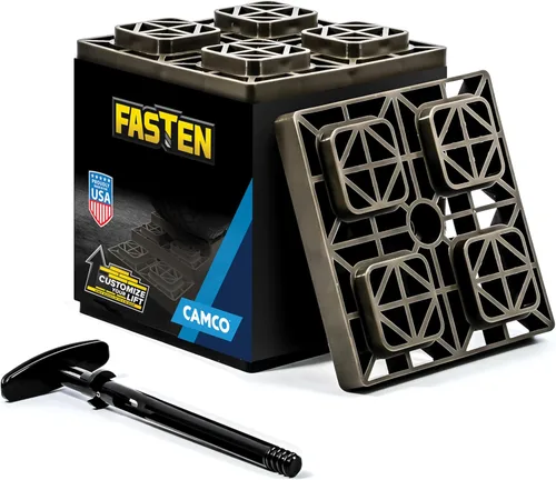 Camco Fasten - Bloques de nivelación para autocaravana, cuenta con diseño entrelazado para una altura personalizable, asa de transporte para