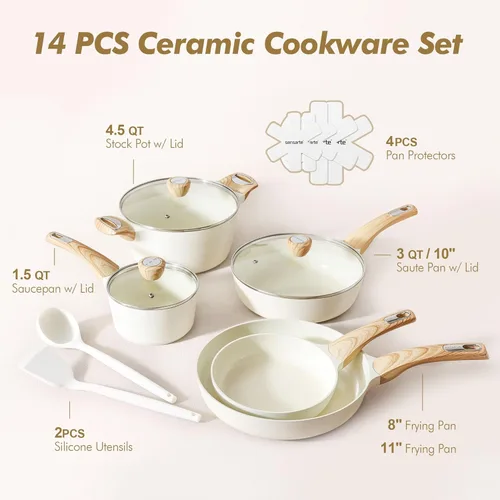Miniatura 3 de SENSARTE Juego de utensilios de cocina de cerámica, juego de ollas y sartenes antiadherentes, utensilios de cocina de inducción de 14 piezas,