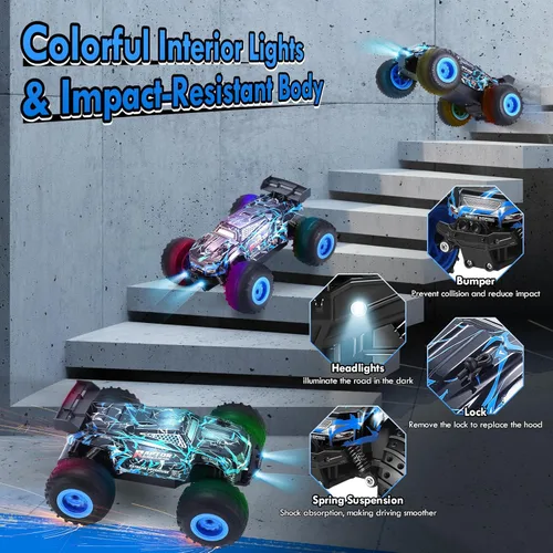 Miniatura 4 de Coche de Control Remoto, Coches RC a Escala 1:18, Camión RC Todo Terreno con Luz LED, 20KM/H, Recargable, 2WD, 2.4GHz, Carcasa de PVC Resistente