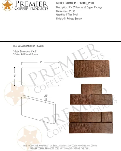 Miniatura 5 de Premier Copper Products T36DBH_PKG4 - Azulejo de cobre martillado de 3 x 6 pulgadas, cantidad 4, bronce aceitado