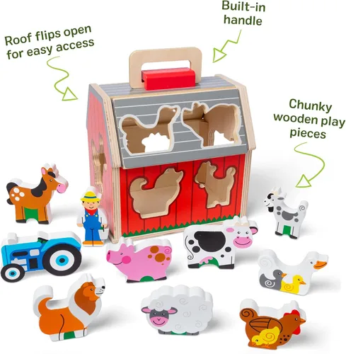 Miniatura 9 de Melissa & Doug Granero de juguete de madera para llevar, juego portátil de 11 piezas para niños pequeños con animales de granja y techo desplegable