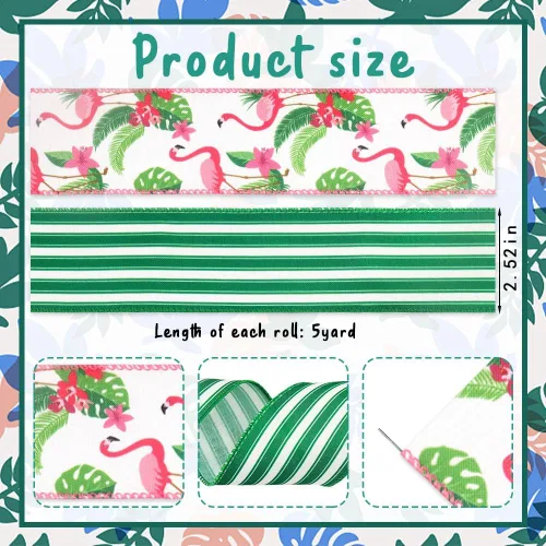 Miniatura 2 de Estivaux 2 rollos de cintas tropicales de verano para manualidades, fiesta hawaiana Luau con borde con alambre, arpillera verde con hojas