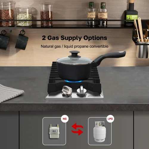 Miniatura 4 de Placa de Cocina de Gas de 12 Pulgadas, ThermoMate, Estufa de Gas Integrada de Acero Inoxidable 304 con 2 Quemadores de Alta Eficiencia Sabaf
