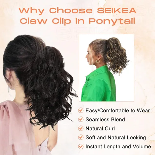Miniatura 3 de SEIKEA 10" Extensión de Cola de Caballo Corta con Destacado de Garra, PT001 Ella Cabello Ondulado y Rizado Grueso, Clip de Mandíbula