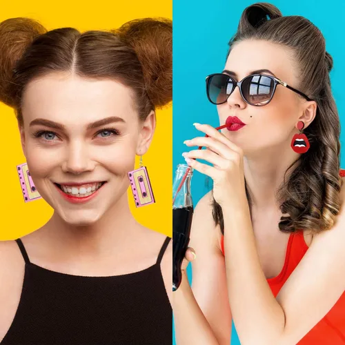 Miniatura 5 de Hicarer 4 pares de aretes de los años 80 para mujer, aretes de neón de los años 90, joyería retro para fiesta brillante, disfraz de los años 80