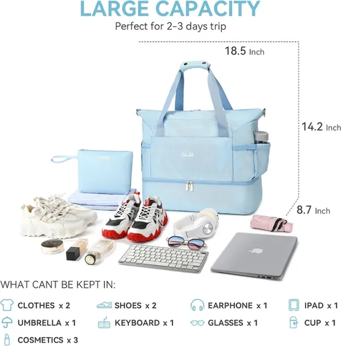 Miniatura 4 de Bolsa de viaje para gimnasio, bolsa de fin de semana con compartimento para zapatos, bolsa de noche para mujer, Azul