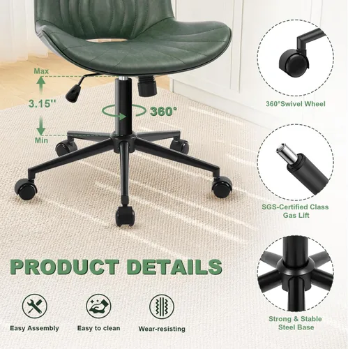 Miniatura 5 de Silla de oficina, silla de escritorio sin brazos con ruedas, ergonómicas y cómodas, sillas de trabajo para computadora de oficina en casa, silla