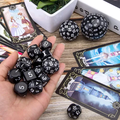 Miniatura 3 de AUSTOR juego completo de 15 dados poliédricos D3-D100 con bolsa de cuero de almacenamiento con cordón para juegos de mesa de rol (negro y blanco)