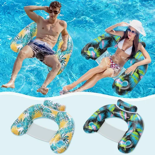 Miniatura 2 de ANNIL 【Paquete de 2】Silla flotante inflable para adultos, silla flotante inflable de ocio acuático, soporte para bebidas, reposacabezas ergonómico