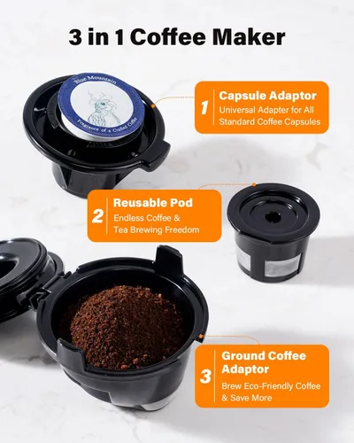Miniatura 2 de SHARDOR Cafetera 3 en 1 para cápsulas K Cup, cafetera de una sola porción para cápsulas K Cup y café molido y tés, tamaños de preparación de 6 a 14