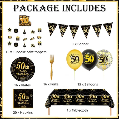 Miniatura 2 de Suministros de decoración de fiesta de cumpleaños número 50 para hombres y mujeres, incluye 16 platos, 20 servilletas, 1 mantel, 1 pancarta, 16