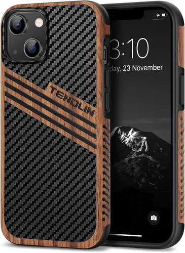 Miniatura 27 de TENDLIN Funda Magnética Compatible con iPhone 14 Plus Funda de Madera con Textura de Fibra de Carbono Diseño Híbrido de Cuero Cubierta Delgada Negro