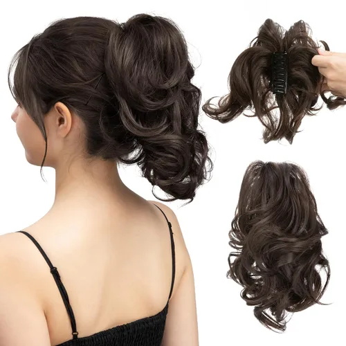 Miniatura 26 de CJL HAIR - Extensiones de cabello con pinza de garra para cola de caballo corta, trenza desordenada, sintéticas, maleables, para mujeres, cabello